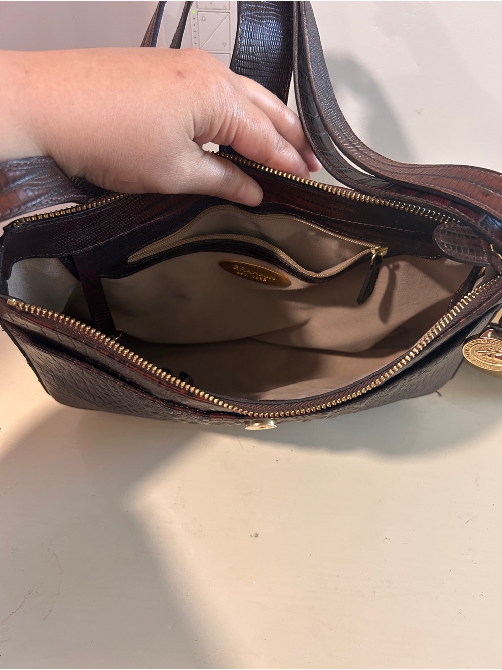 Brahmin Croc-Embossed Shoulder Bag in Deep Brown with Gold Accent - Picture 5 of 7